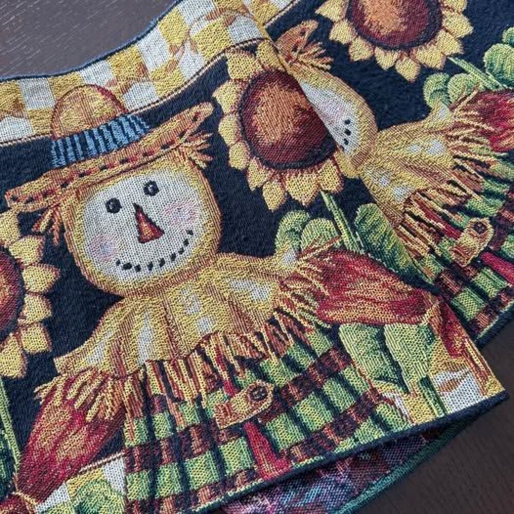 Vintage Fall Scarecrow & Sunflower Tapestry Table Runner – 13” x 68”
